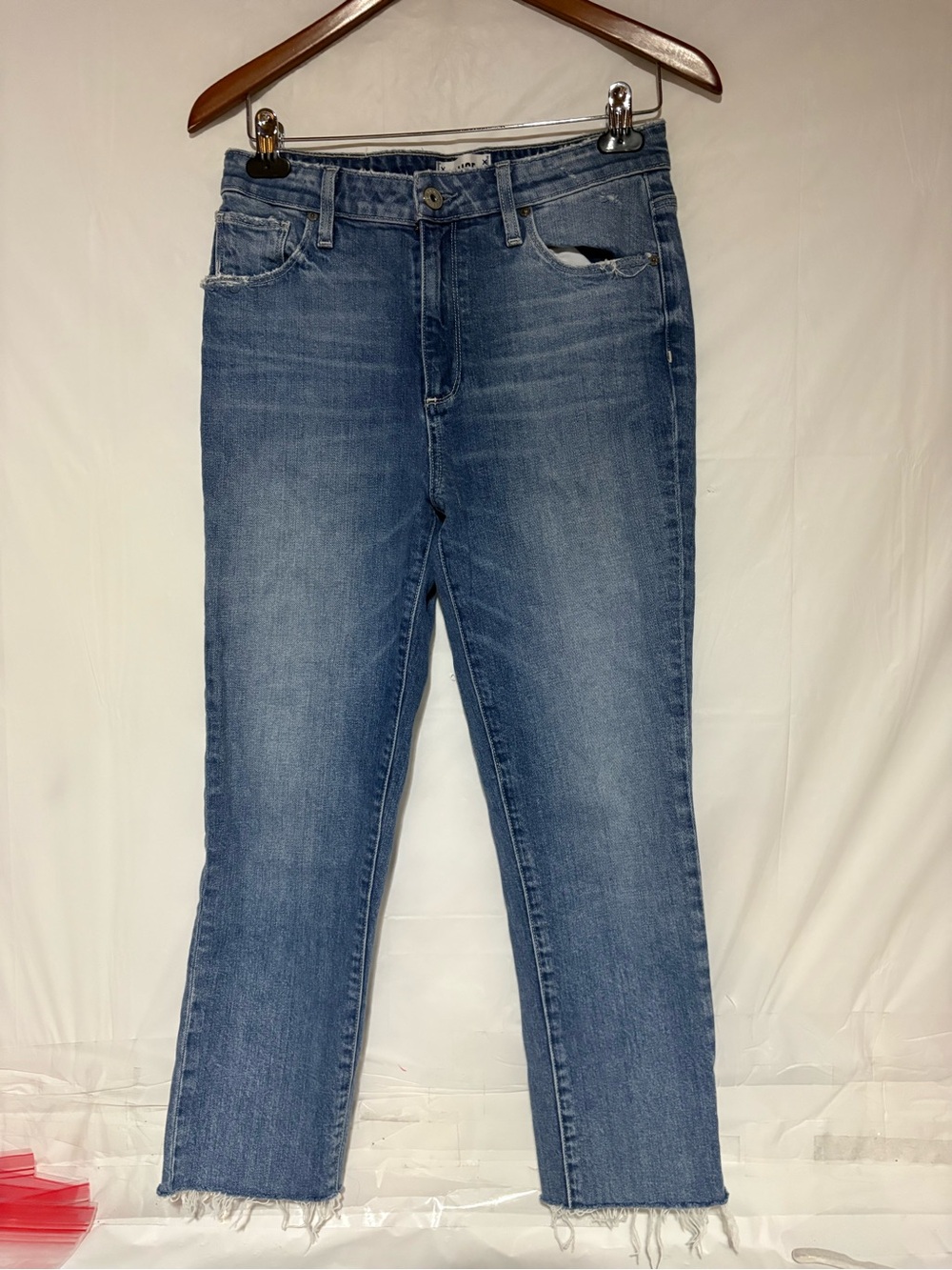 PAIGE Cropped High-Rise Straight Jeans in Medium Blue Wash